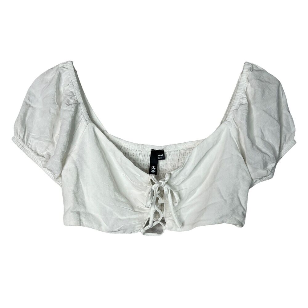 G Womens Lace-Up Cropped Top Off Shoulder Smocked Back White XS